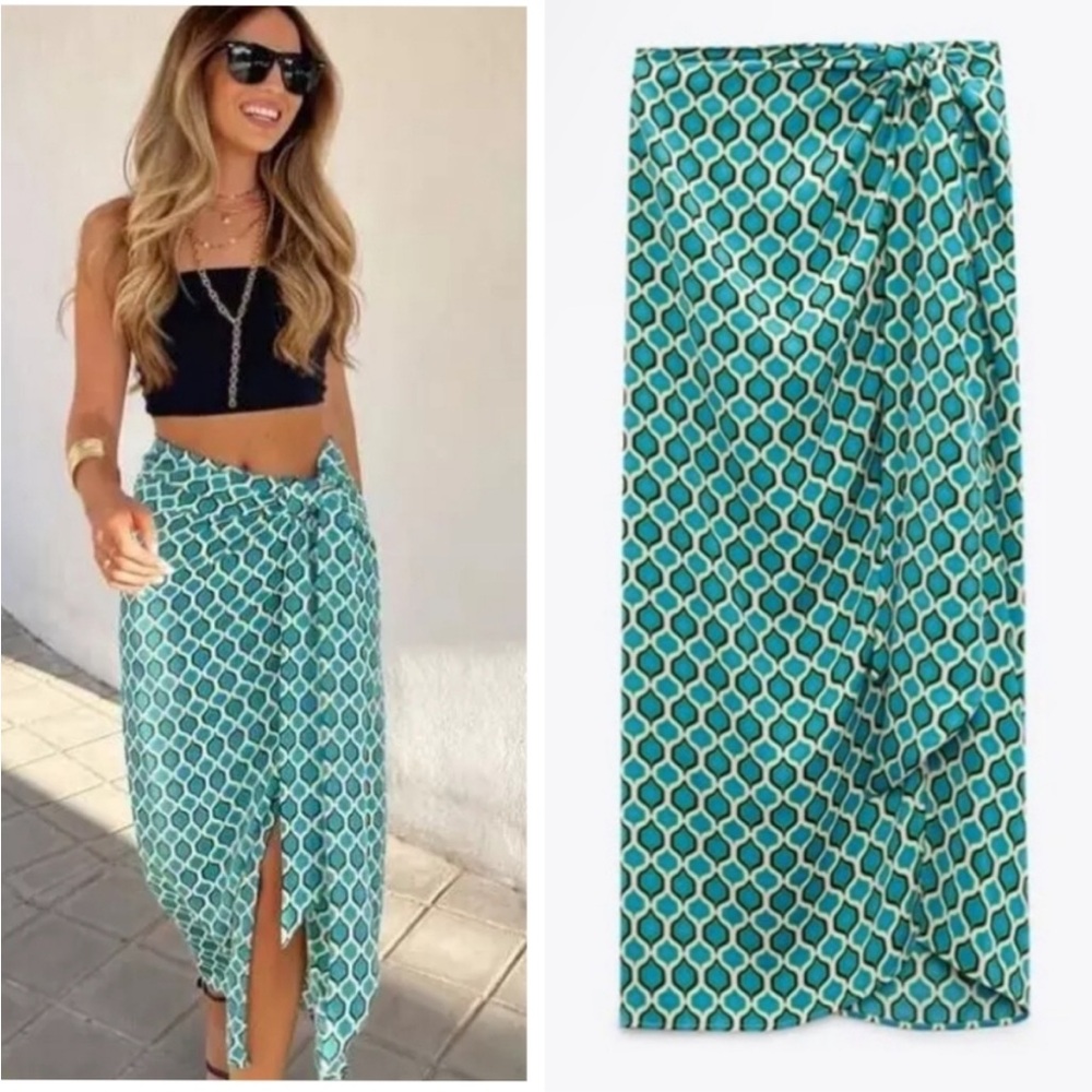 NEW ZARA BOHO GEOMETRIC DRAPE PRINT MIDI SKIRT BLUE / GREEN | 1165/178